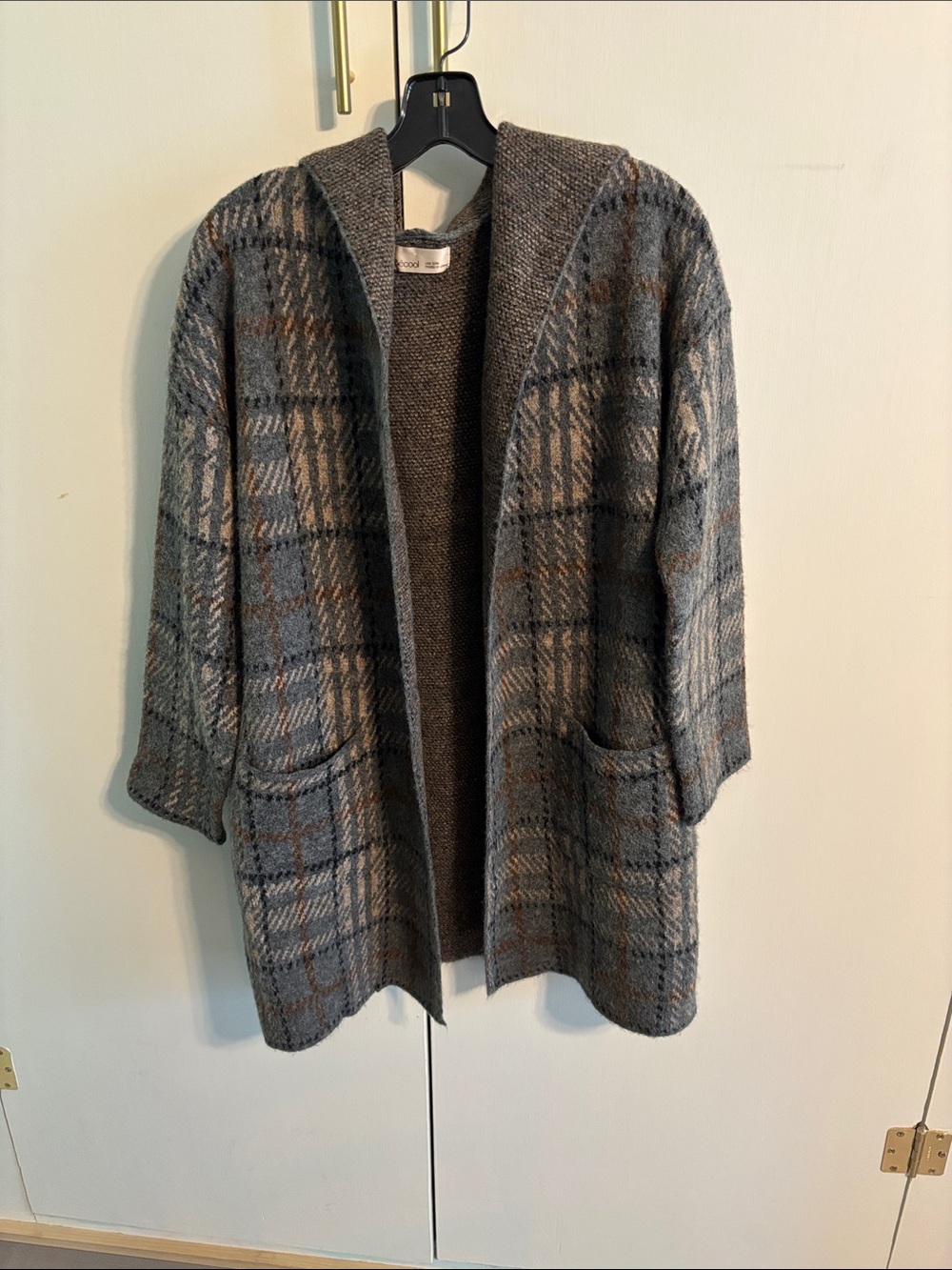 Plaid Hooded Open-Front Cardigan Sweater - Gray